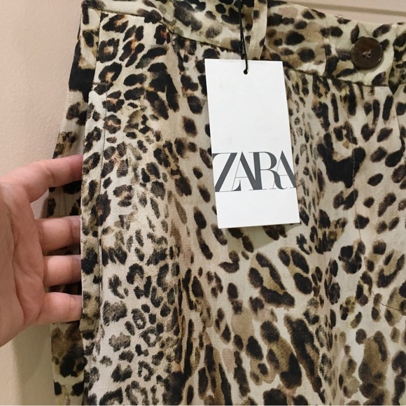 Zara Animal Print Straight Leg pants Trousers Brown Beige Black Size L - Picture 7 of 10